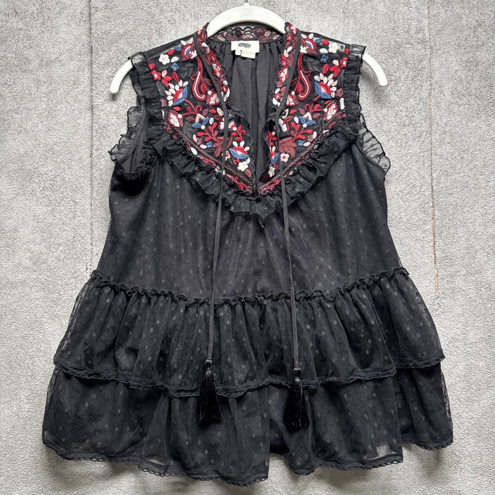 Kate Spade Black Sleeveless Top Medium Floral Embroidered‎ Ruffle Blouse